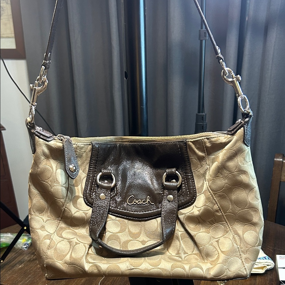 Coach Brown and Tan Signature Shoulder Bag